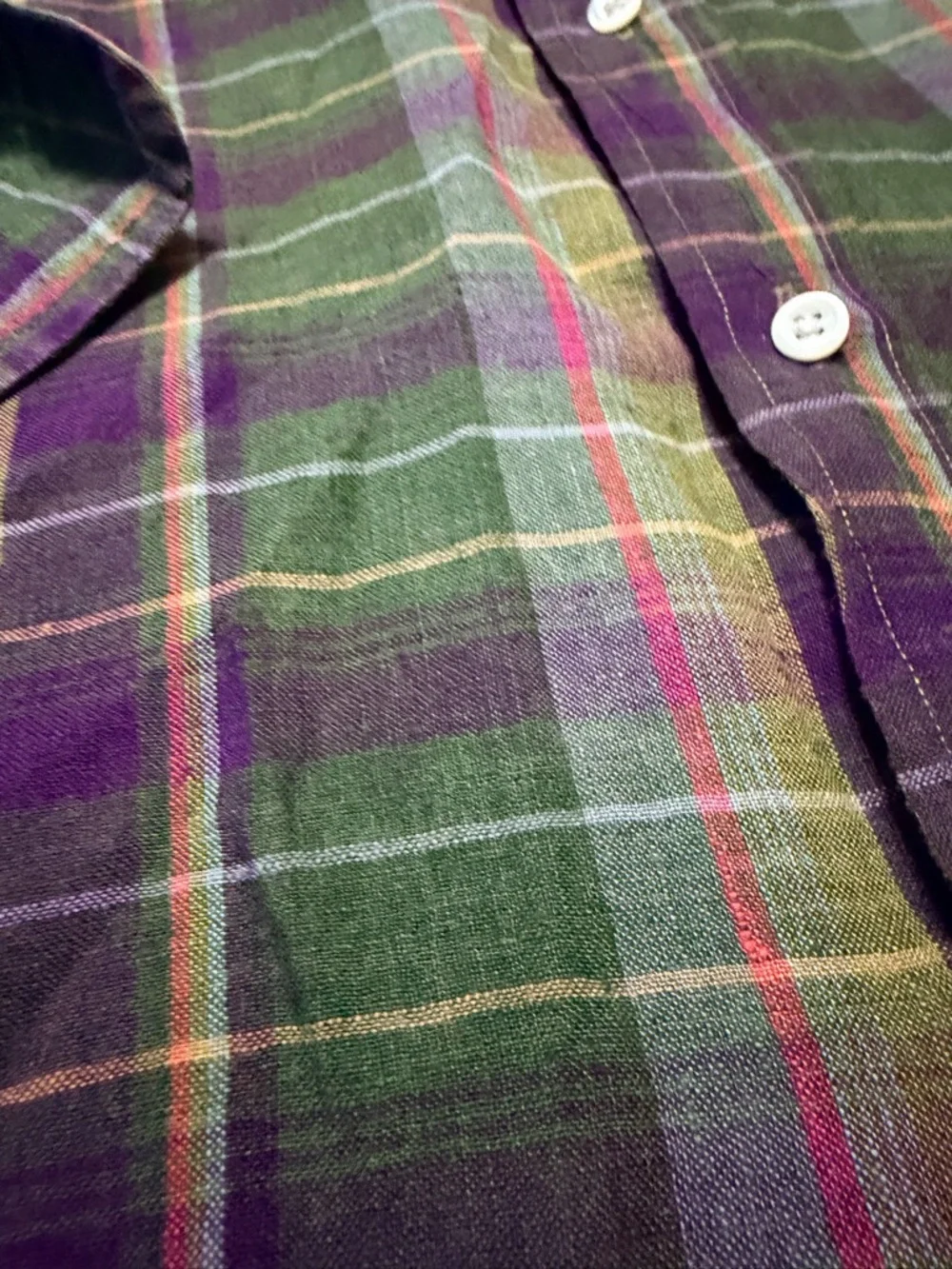 100% Linen Polo by Ralph Lauren Olive and Purple Plaid Button-Down Shirt